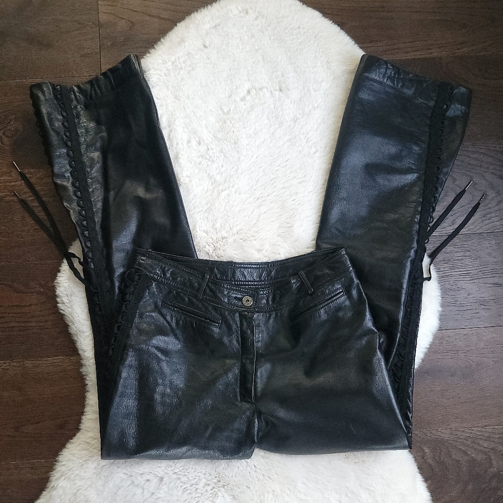 Danier Y2K Shiny Leather Corset Flare Wide Leg Pants Size 6